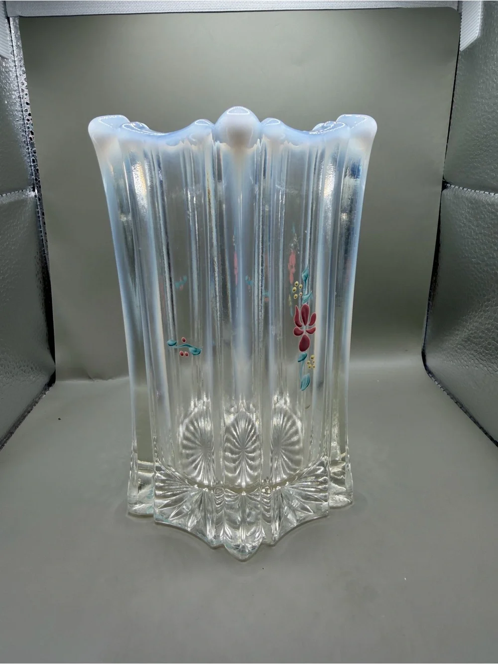 Fenton Vulcan Floral Hand Painted Enamel Opalescent Vase 6” Signed VTG